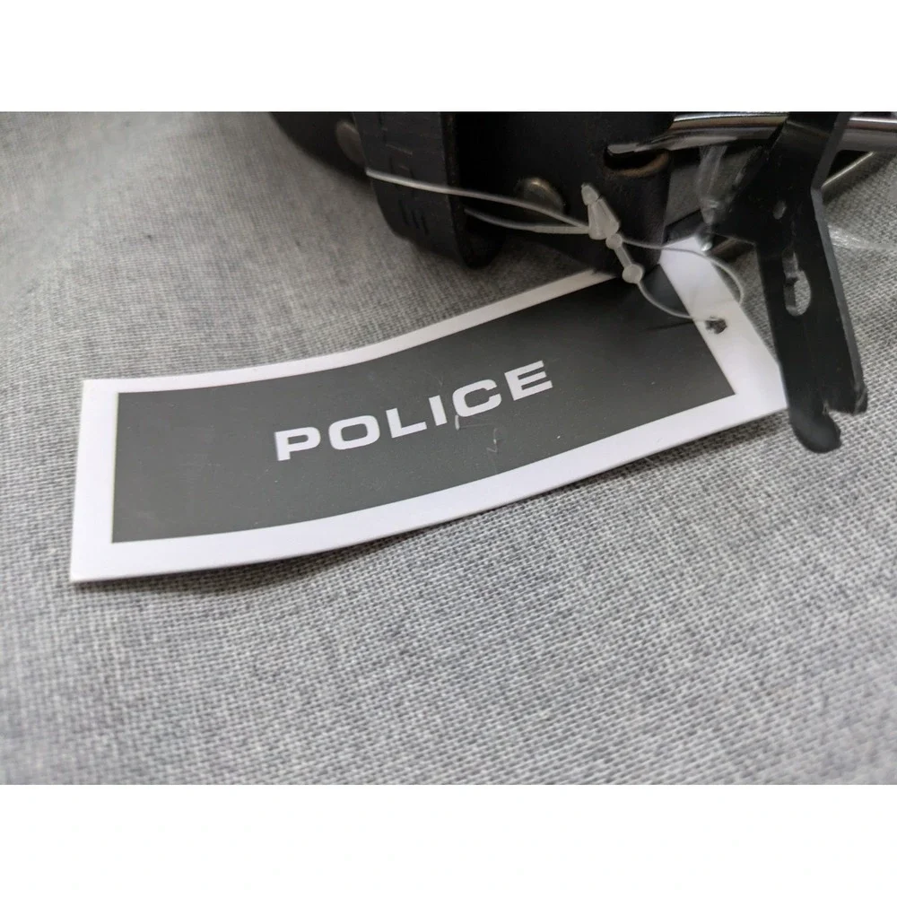 Police Genuine Black Leather Belt Silver Buckle Unisex‎ 35-39 Inch NEW